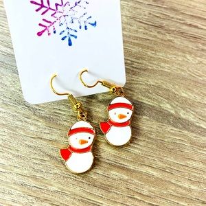 Gold tone white enamel snowman earrings boutique Christmas earrings